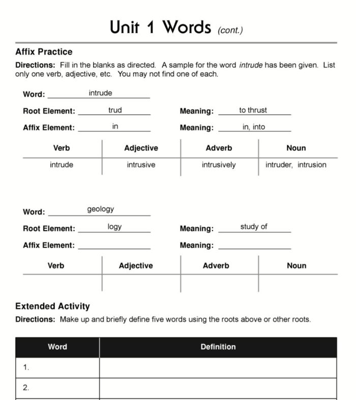 Mastering Vocabulary Word Affix practice