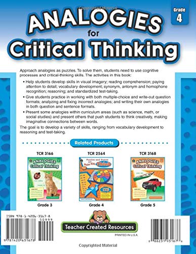 Analogies for Critical Thinking Grade 4 back cover
